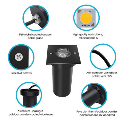 Yeraltında gömülü LED lambaları 6W COB LED 85*85MM Siyah Alüminyum Konut Çapraz Patio Bahçeleri için kare şekli