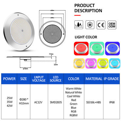 Sualtı Led Yüzme Havuzu Işıkları 316 Paslanmaz Çelik 25W Smd2835 reçine dolusu 3000K RGB Yüzme Havuzu Lampu SMD 2835 AC 12v IP68 Tam su geçirmez