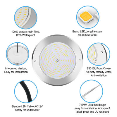 Sualtı Led Yüzme Havuzu Işıkları 316 Paslanmaz Çelik 25W Smd2835 reçine dolusu 3000K RGB Yüzme Havuzu Lampu SMD 2835 AC 12v IP68 Tam su geçirmez