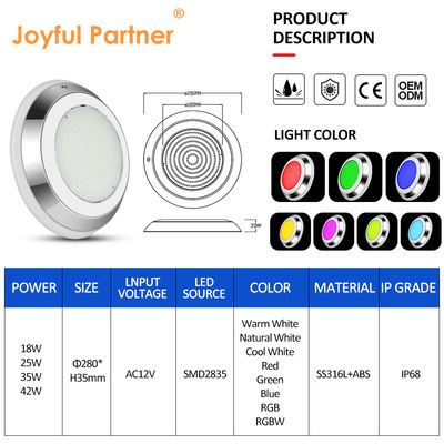 IP68 280mm Duvar Montajlı Paslanmaz Çelik RGB Su Altı LED Yüzme Havuzu Işığı