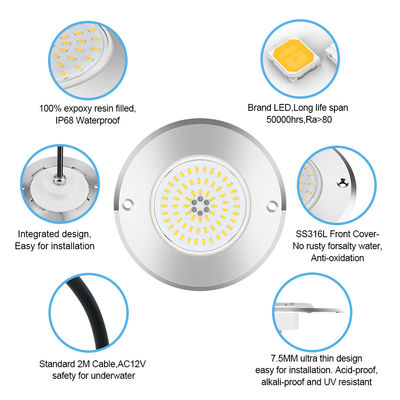 Par 56 Rgb Led Yüzme Havuzu Işığı 6W 10W 18W 25W 35W 42W ultra İnce 7.5mm Süper İnce reçine dolu AC 12V Voltajlı SMD LED SS316L malzemesi ile