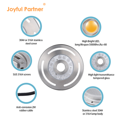 Sualtı LED Çeşme Işığı IP68 12W 24W 36W Sıcak Beyaz Mavi RGB Paslanmaz Çelik 316L Diametresi 285mm