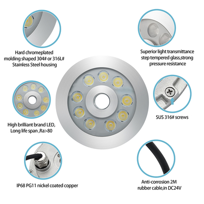 LED FONTAIN LIGHT 316 paslanmaz çelik RGB tek renk 170*61MM DC12V / 24V IP68 su geçirmez