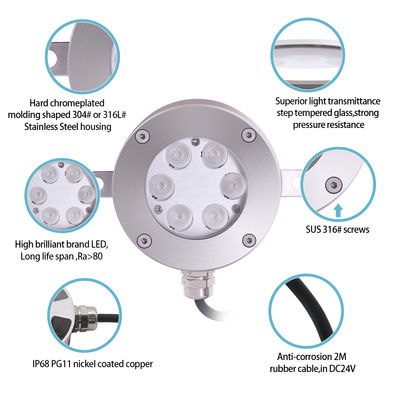DMX512 Kontrol Edilebilir LED Fıskiye Lambası DC24V 12W 3000K Paslanmaz Çelik IP68 Peyzaj Sualtı İçin