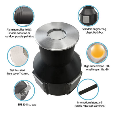 IP67 yeraltı ışığı düşük voltajlı 1W 3W 3000K DC24v paslanmaz çelik ön kapağı ile yuvarlak kare şekli