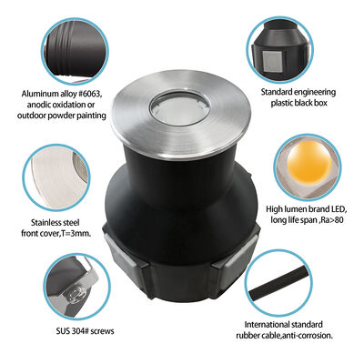 LED Yeraltı Yukarı Işık Su geçirmez 3000K DIA55MM Dondurulmuş Tür 24V DC IP67 Dondurulmuş Camla