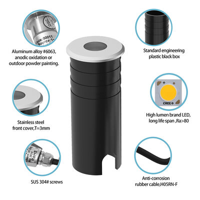 LED Yukarı Işık 316 Paslanmaz Çelik Kapak Alüminyum Lamba Vücudu Tempered Glass IP67 1W Sıcak Beyaz 3000K